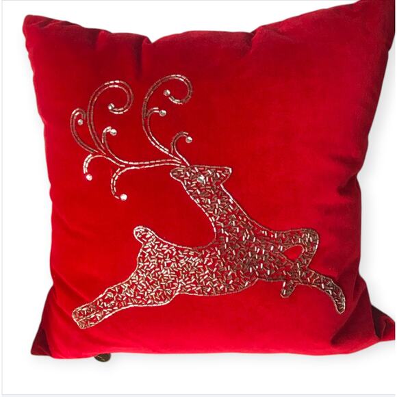 Pier 1 Christmas decor Red Velvet Beaded Reindeer throw pillow - Picture 1 of 9